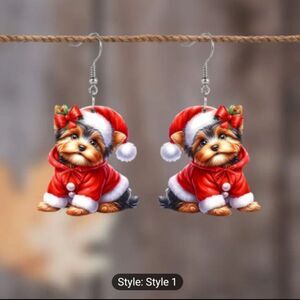 Christmas earrings Yorkie Santa hat dangle acrylic new e70